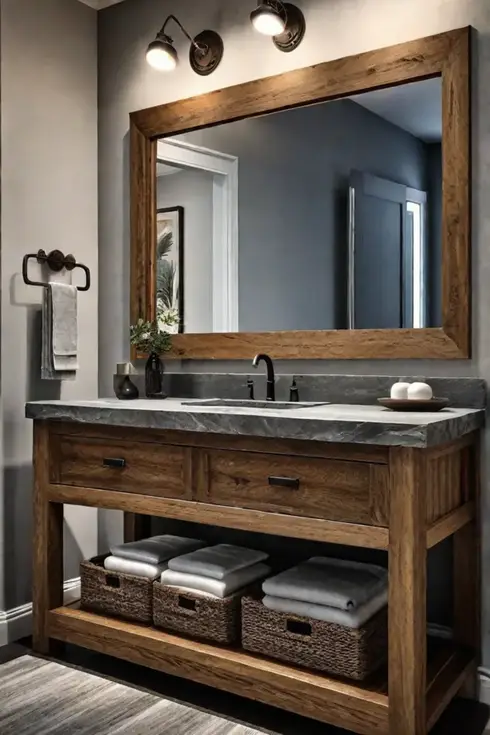 Inviting bathroom with reclaimed oak vanity and stone countertop
