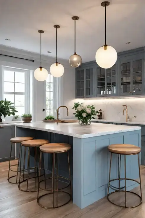 Inviting small kitchen with pendant lighting and island