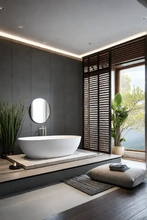 Japaneseinspired bathroom with soaking tub and wooden vanity
