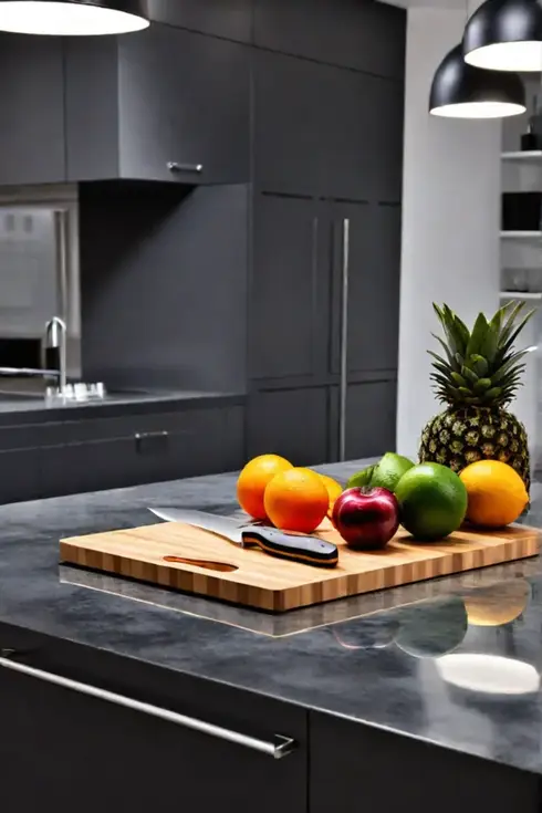 Kitchen island with builtin cutting board and knife block