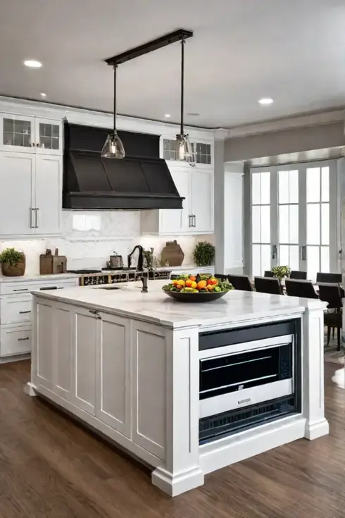 Kitchen island with builtin microwave and warming drawer