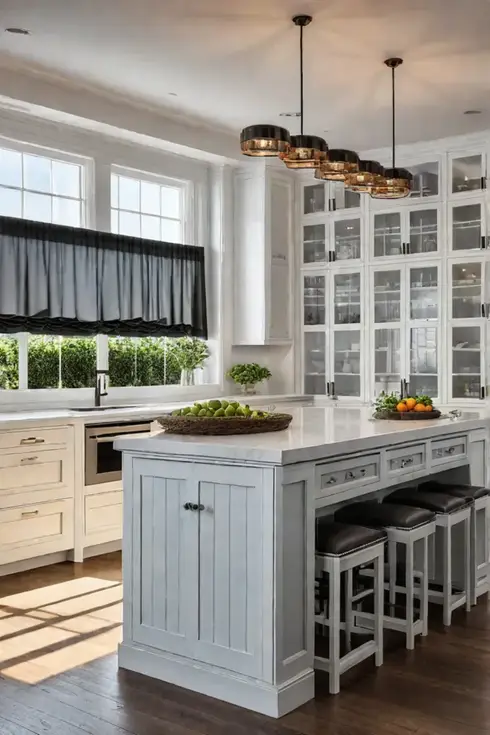 Kitchen island with drawers cabinets and open shelves for versatile storage