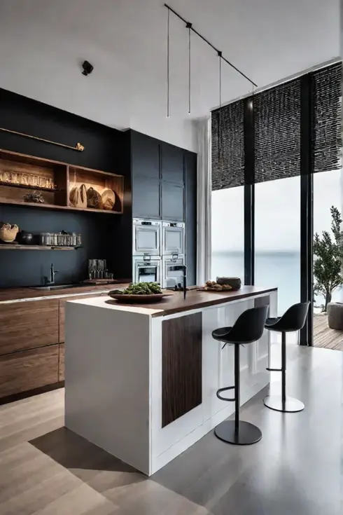 Kitchen island with extended countertop and builtin display shelves