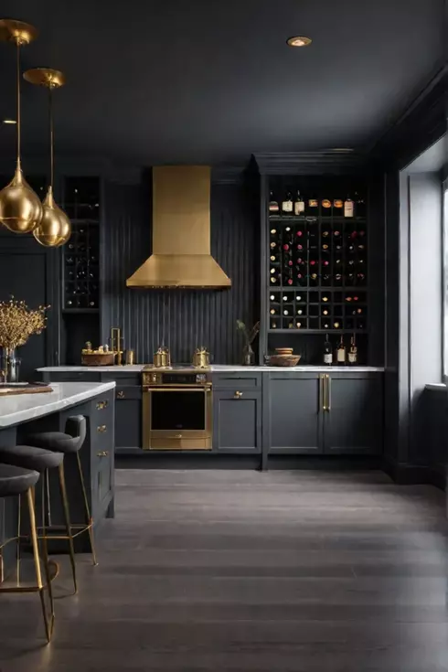 Kitchen with dark gray cabinets and brass hardware