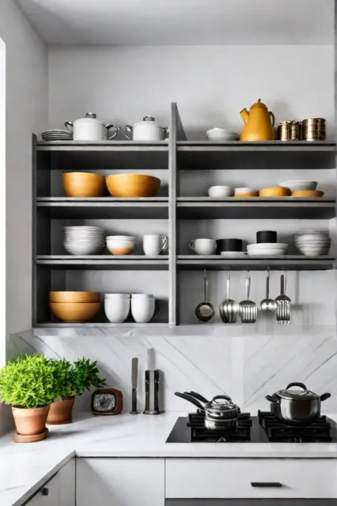 Kitchen with floating shelves and open shelving
