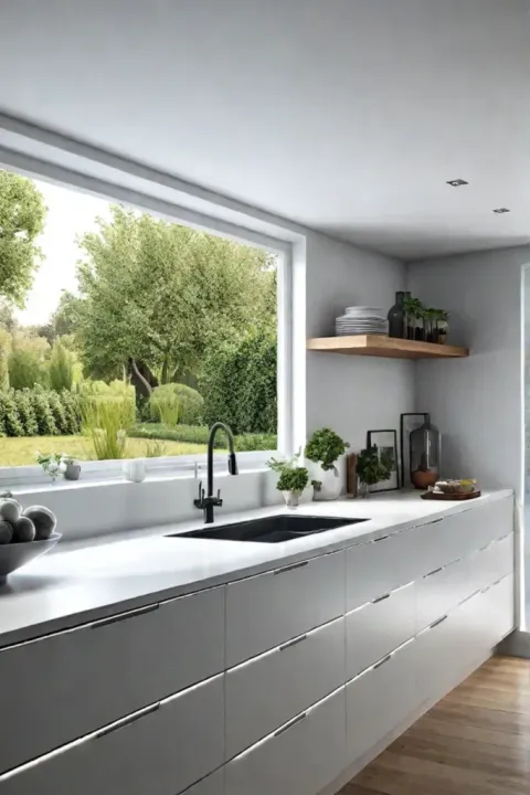 Kitchen with floating shelves and open shelving overlooking garden