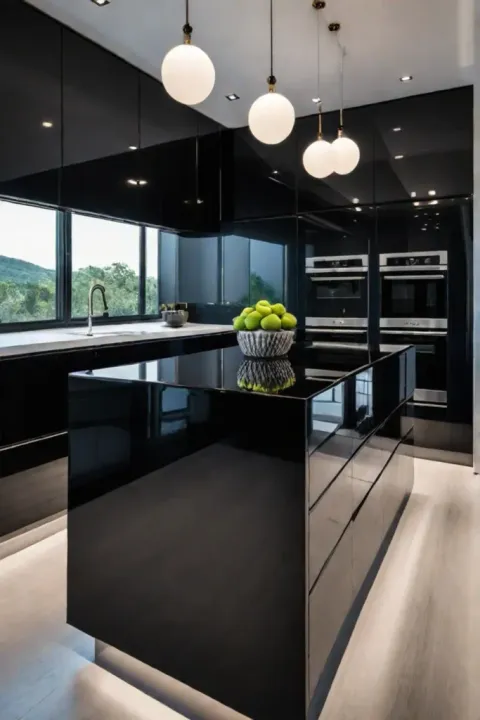 Kitchen with glossy black lacquer cabinets