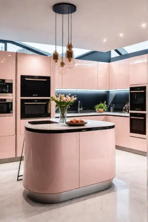 Kitchen with glossy pink lacquer cabinets