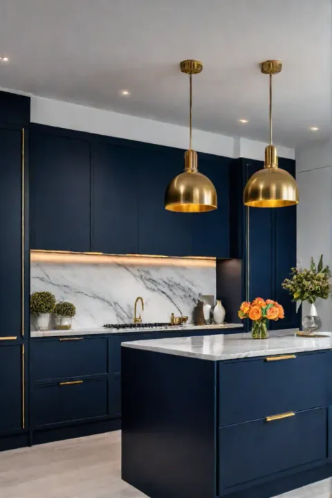 Kitchen with handleless navy cabinets