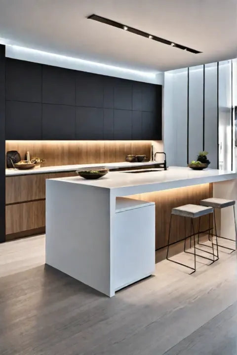 Kitchen with integrated appliances and waterfall countertop