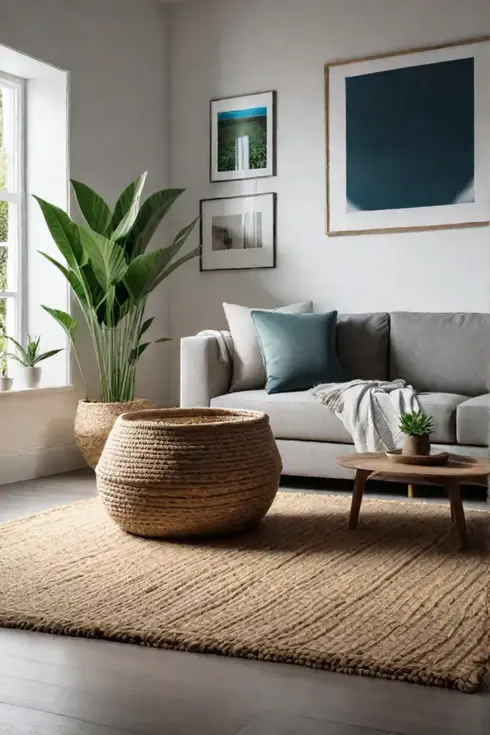 Living room with natural textures and hemp rug