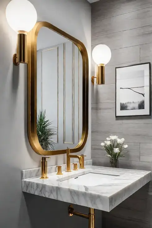 Luxurious bathroom vanity with white marble countertop and gold hardware
