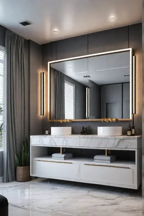 Luxurious bathroom with double vanity and marble countertops