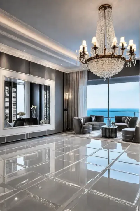 Luxurious kitchen with shimmering glass tile flooring and crystal chandeliers