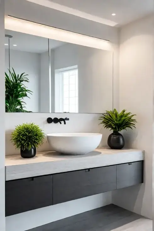Minimalist bathroom with wallmounted vanity and vessel sink