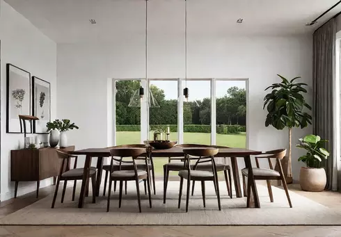 Minimalist dining room with clean lines wooden table and neutraltoned chairsfeat