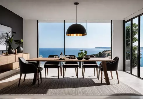 Minimalist dining room with sleek contemporary furniture and clean lines creating afeat