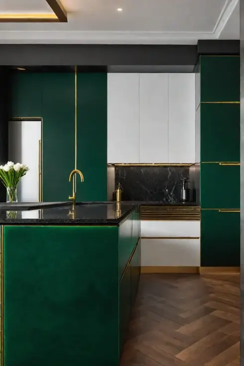 Modern luxury kitchen with emerald green textured laminate cabinetry