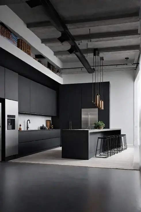 Modern luxury kitchen with industrial aesthetic and dark metal cabinetry