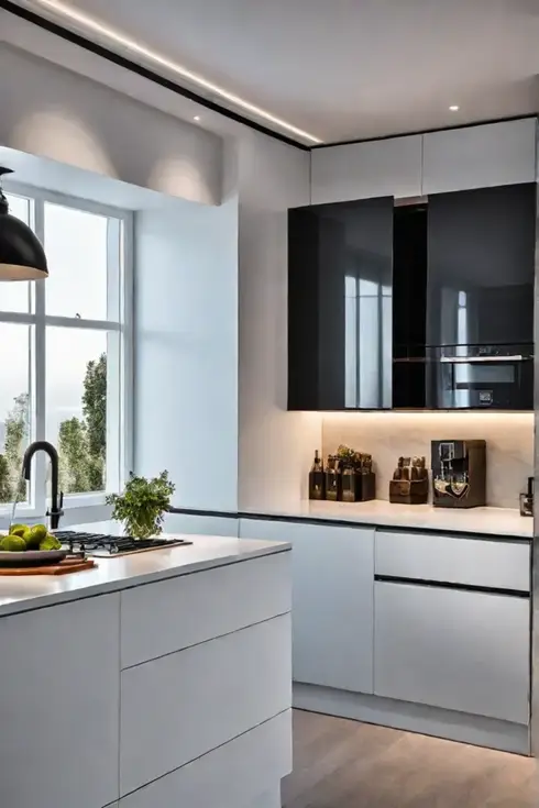 Modern luxury kitchen with integrated charging stations and smart lighting