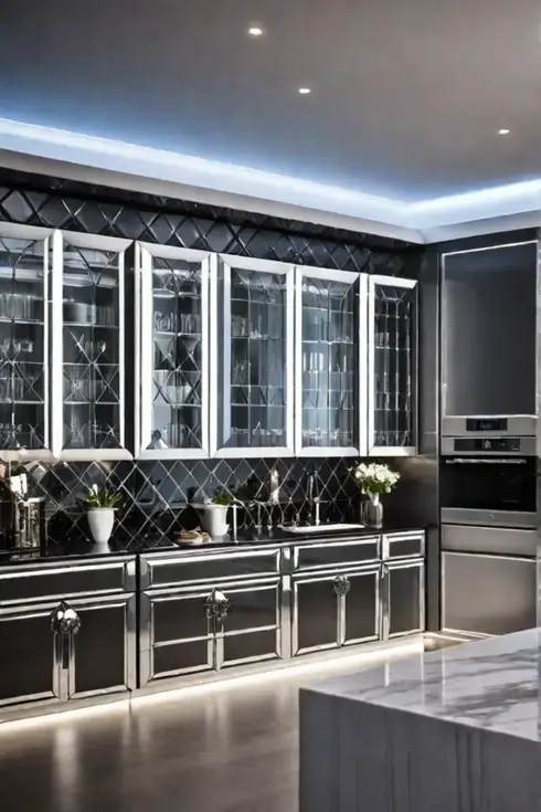 Modern luxury kitchen with mirrored cabinetry and crystal knobs