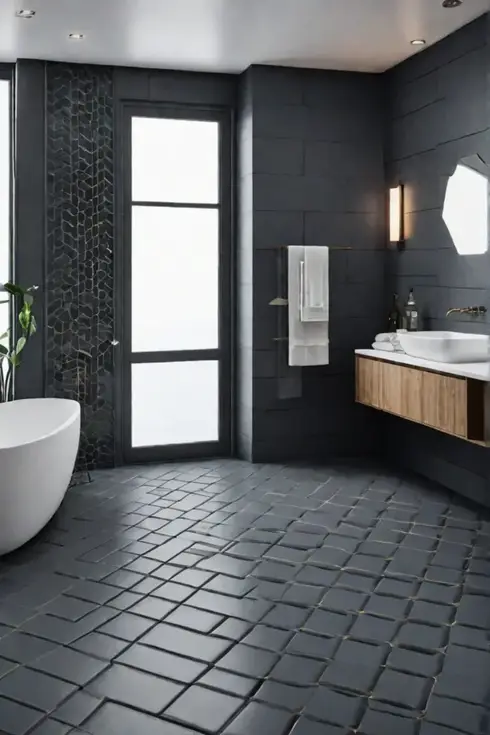 Modern master bathroom with floating vanity and geometric tile floor