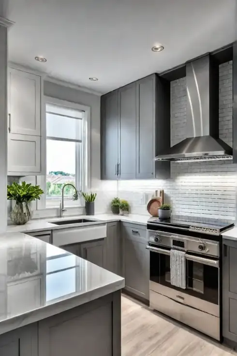 Modern minimalist small kitchen with white cabinets and glass tile