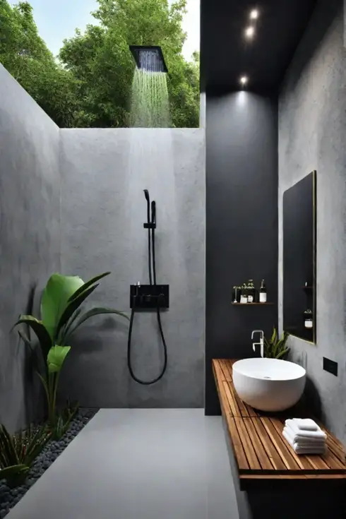 Outdoor bathroom oasis with natural stone sink and rainfall showerhead