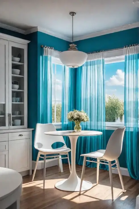 Pastel blue small kitchen with breakfast nook