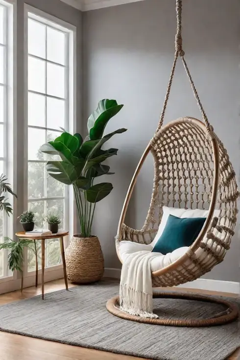 Relaxing living room with macrame chair and wool rug
