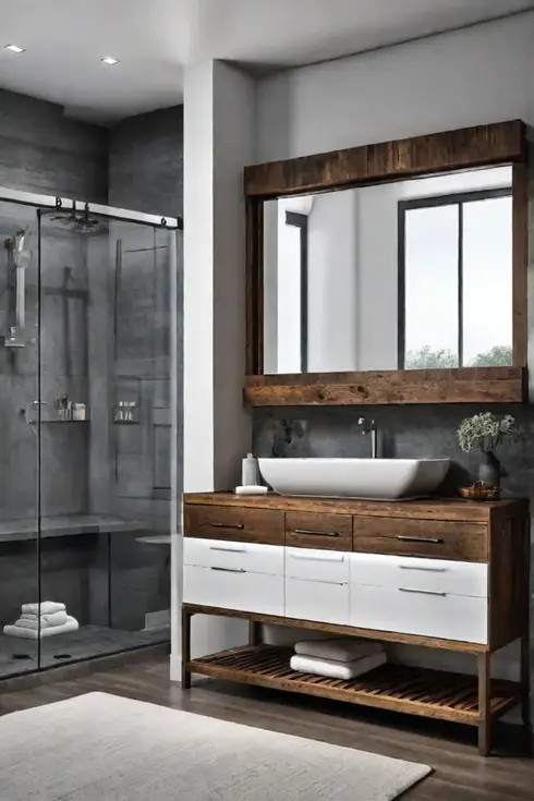 Rustic bathroom with distressed wood vanity and brushed nickel faucet