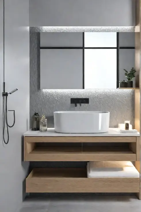 Scandinavian bathroom with white oak vanity and single sink