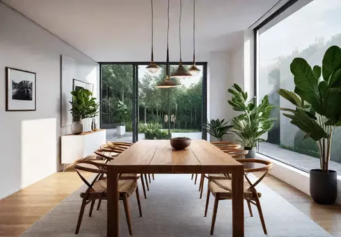 Scandinavianinspired dining room with natural wood table minimalist pendant lighting and pottedfeat