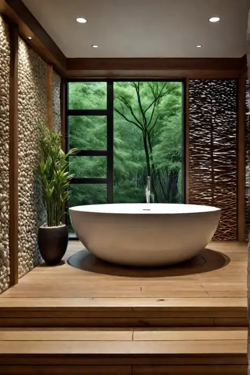 Serene master bathroom with Japanese soaking tub and bamboo walls
