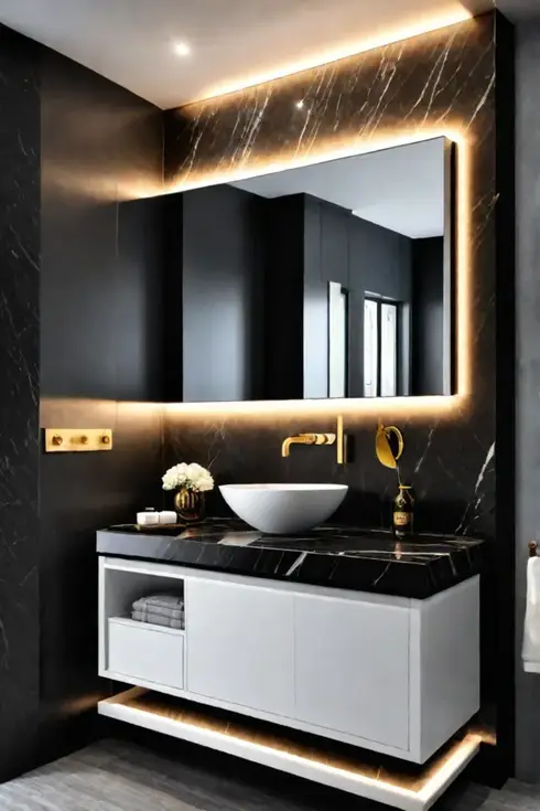 Sleek bathroom with black marble vanity and single sink