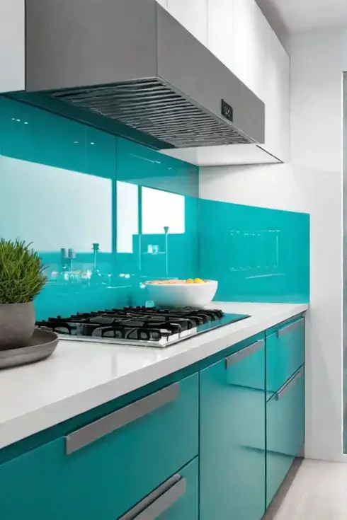 Small kitchen with turquoise backsplash and white cabinets