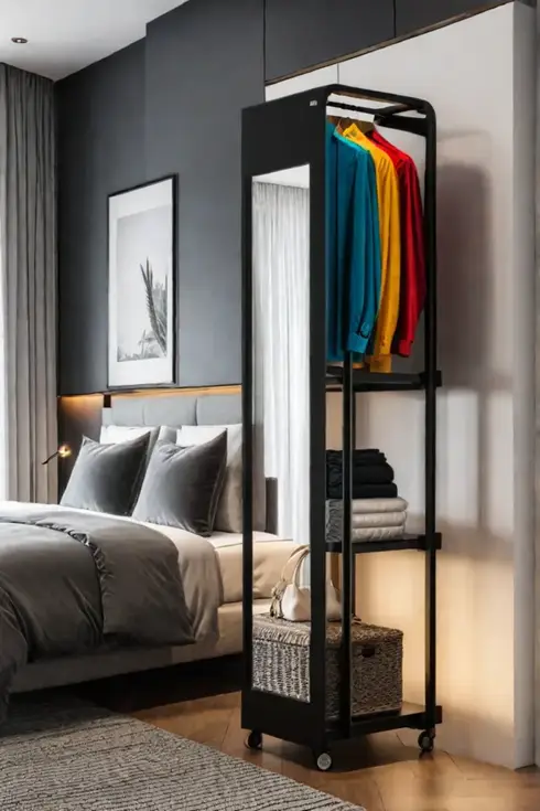 Tall and narrow storage unit in bedroom