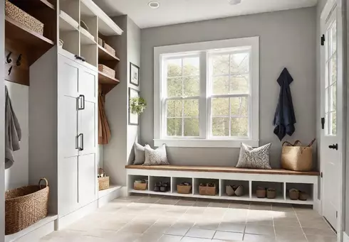 A bright and airy mudroom with large windows featuring durable ceramic tilefeat