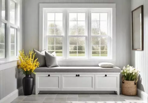 A charming mudroom entryway with light gray ceramic tile flooring white builtinfeat