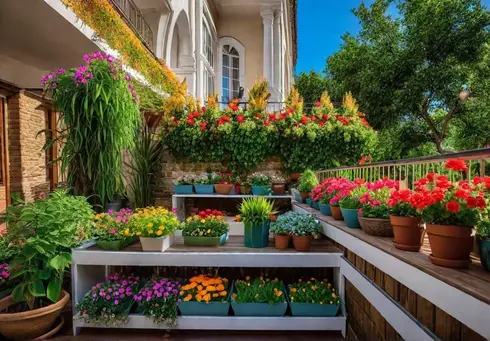 A charming small balcony garden with a mix of colorful flowers infeat