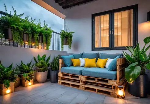 A cozy balcony with a pallet sofa adorned with colorful cushions andfeat