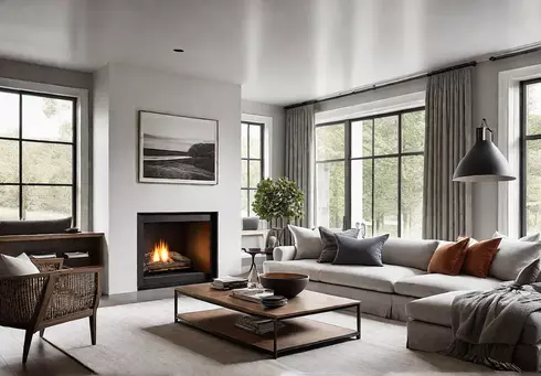 A cozy living room with a large window and a fireplace asfeat