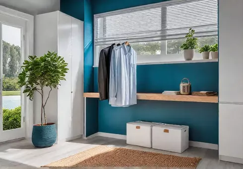 A laundry room filled with natural light featuring white walls and cabinetsfeat