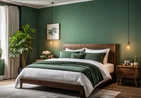 A serene bedroom sanctuary with wooden furniture cotton bedding and soft greenfeat