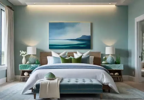 A serene bedroom with calming blue and green tones featuring abstract landscapefeat