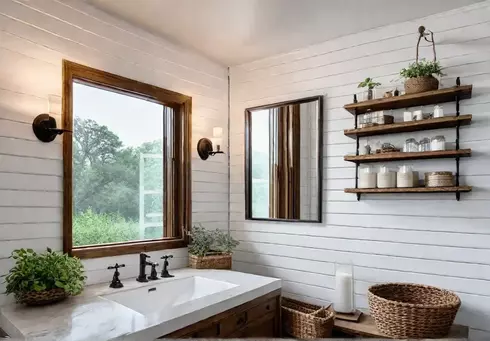 A small bathroom with white walls featuring a repurposed wooden vanity withfeat