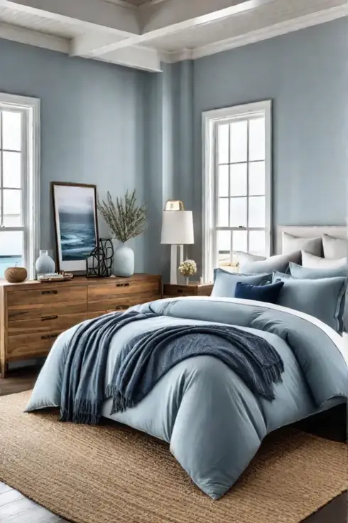Beachy bedroom with blue and white stripes