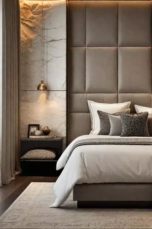 Bedroom with customdesigned bed and natural stone headboard