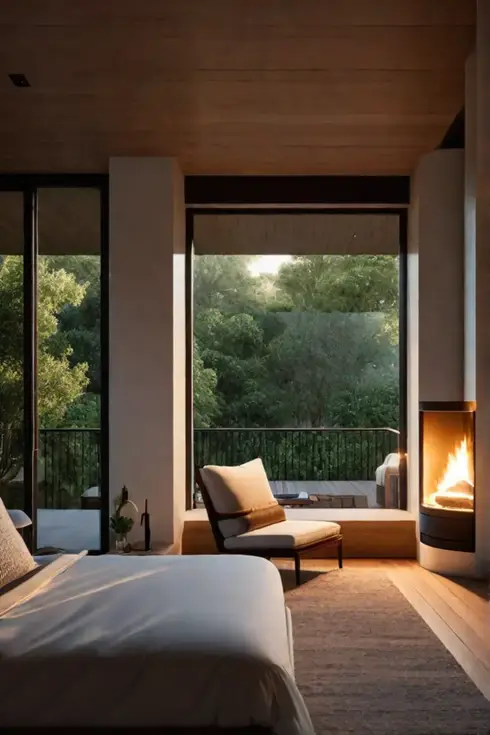 Bedroom with fireplace and balcony garden view
