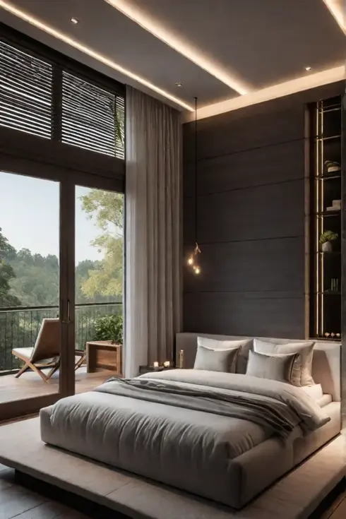 Bedroom with reading nook plush seating and soft lighting